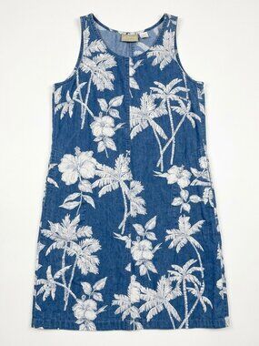 Vintage Liz Claiborne Petite 8 Blue Tropical Palm Denim Dress Coastal Nostalgia